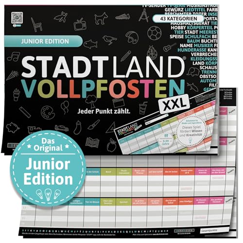 DENKRIESEN - Stadt Land VOLLPFOSTEN® Junior Edition - 'Jeder Punkt zählt' - A3 | Kinderspiel | Familienspiel | Stadt Land Fluss | Spielblock | Geschenkidee von DENKRIESEN