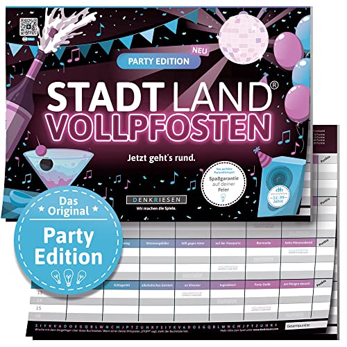 DENKRIESEN - Stadt Land VOLLPFOSTEN® - Party Edition - 'Jetzt geht's rund.' - DIN A4 Spielblock | ab 12 Jahren | 50 Blatt | Partyspiel | Geschenk | Spaß vorprogrammiert von DENKRIESEN