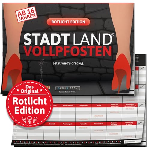 DENKRIESEN - Stadt Land VOLLPFOSTEN® - ROTLICHT Edition - AB 16 Jahren | Partyspiel Wichtelgeschenk | Stadt Land Fluss | Spielblock | Scherzartikel | Geschenkidee von DENKRIESEN