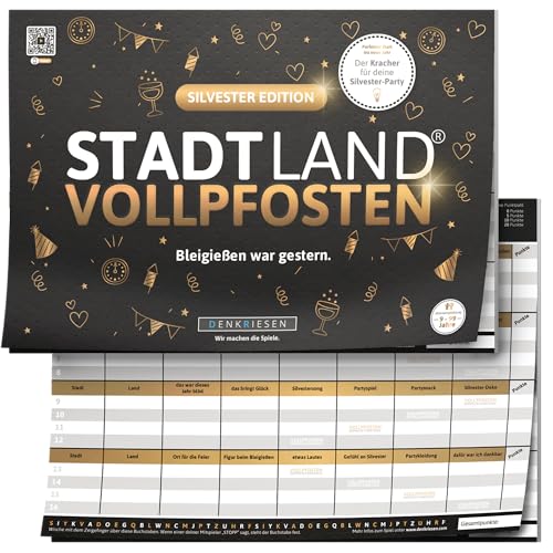 DENKRIESEN Stadt Land VOLLPFOSTEN® - Silvester Edition | Partyspiel ab 9 Jahren für 2+ Spieler | 26 Kategorien | Stadt Land Fluss | Gesellschaftsspiel für den Jahreswechsel | Wortspiel von DENKRIESEN
