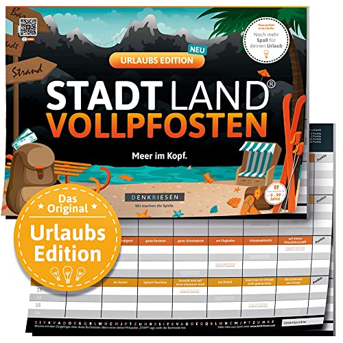 DENKRIESEN - Stadt Land VOLLPFOSTEN® - Urlaubs Edition | DIN A4 Spielblock | Ab 9 Jahren | Familienspiel | Stadt Land Fluss | Ferien & Reisen Thema | 26 Kategorien | Perfekt für Reisefans und Familien von DENKRIESEN