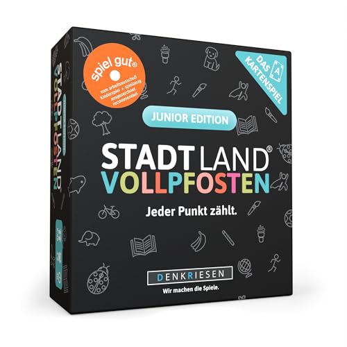 DENKRIESEN - Stadt Land Vollpfosten® – Das Kartenspiel - Junior Edition - 'Jeder Punkt zählt.' | 200 Kategorien | ab 8 Jahren | 3-6 Spieler | Familienspiel | Stadt Land Fluss von DENKRIESEN