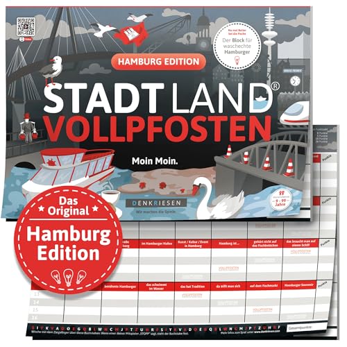 DENKRIESEN - Stadt Land VOLLPFOSTEN® - Hamburg Edition | DIN A4 Spielblock | Ab 9 Jahren | Familienspiel | Stadt Land Fluss | Hamburg Edition | Lustiges Gesellschaftsspiel | Kreative Kategorien von DENKRIESEN