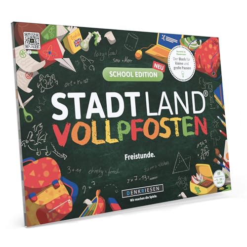 DENKRIESEN - Stadt Land VOLLPFOSTEN® - School Edition | DIN A4 Spielblock | Ab 9 Jahren | Stadt Land Fluss | Familienspiel | Lustiges Blockspiel für die ganze Familie | Perfekt für die Schulzeit von DENKRIESEN