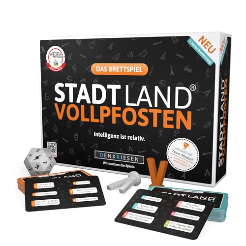 DENKRIESEN - Stadt Land Vollpfosten® Das Brettspiel | Grundspiel inkl. Junior Erweiterung | Ab 8 Jahren | 4-12 Spieler | Partyspiel | Blitzwürfeln & Langen Spielrunden | Familienspiel von DENKRIESEN