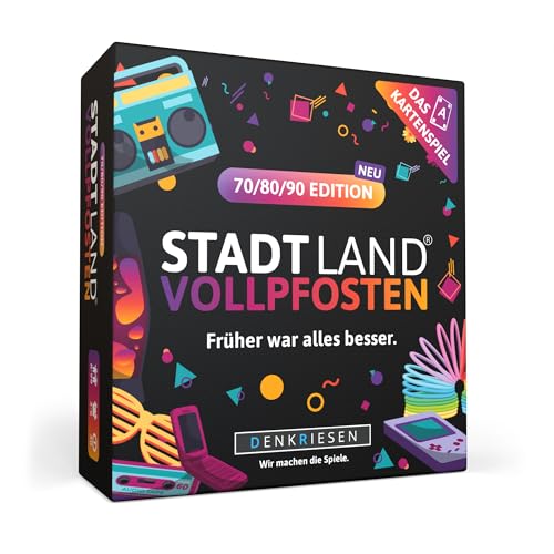 DENKRIESEN - Stadt Land Vollpfosten® – Das Kartenspiel - 70/80/90 Edition - 'Früher war Alles Besser.' | Geschenk | Reisespiel | 200 Kategorien | ab 8 Jahren | 3-6 Spieler | Party | Stadt Land Fluss von DENKRIESEN