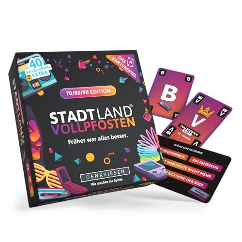 DENKRIESEN - Stadt Land Vollpfosten® – Das Kartenspiel - 70/80/90 Edition - 'Früher war Alles Besser.' | Geschenk | Reisespiel | 240 Kategorien | ab 8 Jahren | 3-6 Spieler | Party | Stadt Land Fluss von DENKRIESEN