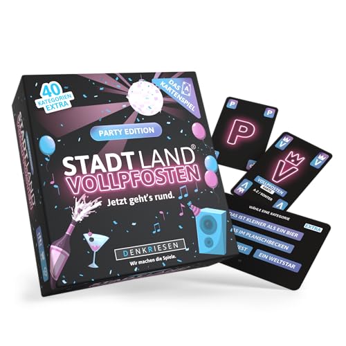 DENKRIESEN - Stadt Land Vollpfosten® – Das Kartenspiel - Party Edition - 'Jetzt geht's rund.' | Reisespiel | 240 Kategorien | ab 12 Jahren | 3-6 Spieler | Partyspiel | Stadt Land Fluss von DENKRIESEN
