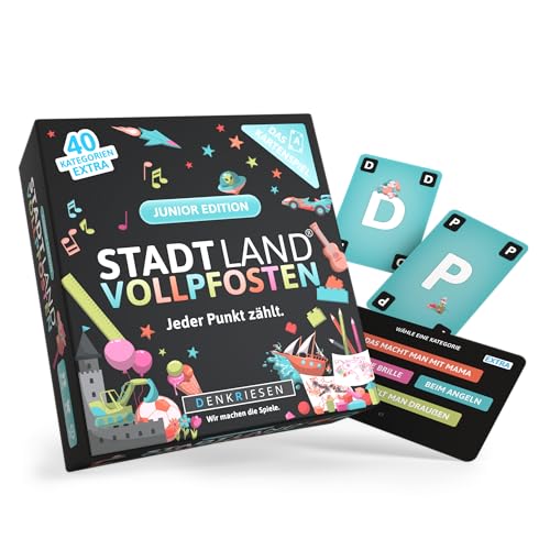 DENKRIESEN Stadt Land Vollpfosten® – Das Kartenspiel als Junior Edition | Gesellschaftsspiel für Familien | Kartenspiel ab 8 Jahren für 3-6 Spieler | Stadt Land Fluss mit 240 Kategorien von DENKRIESEN