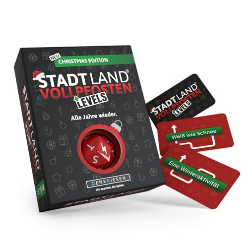 DENKRIESEN - Stadt Land Vollpfosten® Levels – Christmas Edition – Alle Jahre Wieder. | 60 Karten | ab 12 Jahren | ca. 30 Min Spielzeit | 2-6 Spieler | Familienspiel | Reisespiel | Stadt Land Fluss von DENKRIESEN