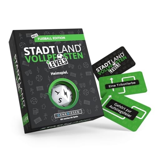 DENKRIESEN - Stadt Land Vollpfosten® Levels – Fußball Edition – Heimspiel. | 60 Karten | ab 12 Jahren | ca. 30 min | 2-6 Spieler | Familienspiel | Reisespiel | Stadt Land Fluss von DENKRIESEN