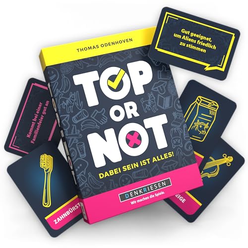 DENKRIESEN - Top or Not!? – Das lustige Partyspiel für Erwachsene & Kinder ab 10 Jahren | Wortspiel & Diskussion – Überzeuge mit Witz & Charme | 3–6 Spieler, 30 Min Spielzeit von DENKRIESEN