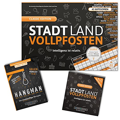 DENKRIESEN - Trio Classic Edition - Stadt Land VOLLPFOSTEN® | Spielblock, Kartenspiel & Hangman Galgenmännchen | Ab 12 Jahren | Für 2-8 Spieler | Familienspiele | Geschenkidee | Spaß für unterwegs von DENKRIESEN