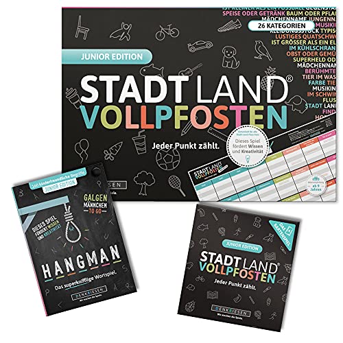 DENKRIESEN - Trio Junior Edition - Jeder Punkt zählt - Stadt Land VOLLPFOSTEN® - Spielblock + Kartenspiel + Hangman Galgenmännchen to GO | Geburtstagsgeschenk | Familienspiel | Kinderspiel von DENKRIESEN