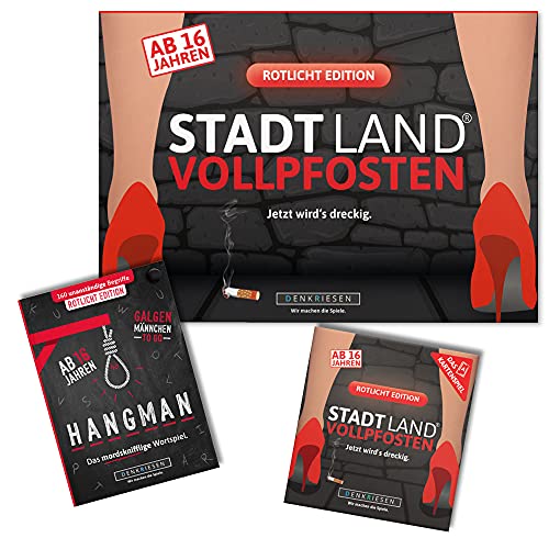 DENKRIESEN - Trio Rotlicht Edition | Stadt Land VOLLPFOSTEN® Spielblock + Kartenspiel + Hangman Galgenmännchen to GO | Lustiges Partyspiel für unterwegs & Spieleabende von DENKRIESEN