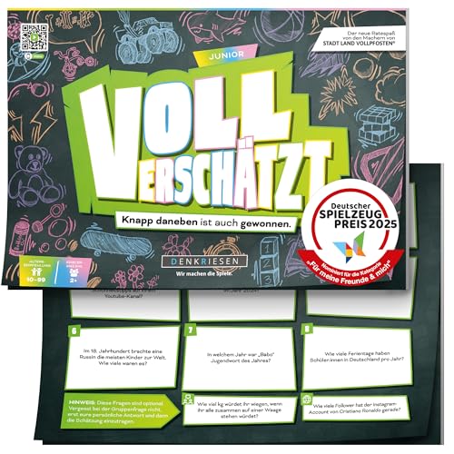 DENKRIESEN - VOLL VERSCHÄTZT! Junior Edition | DIN A4 Spielblock | Ab 10 Jahren | Lustiges Schätzspiel | Familienspiel | Partyspiel | Ohne Internet | Antworten mit auf dem Block von DENKRIESEN