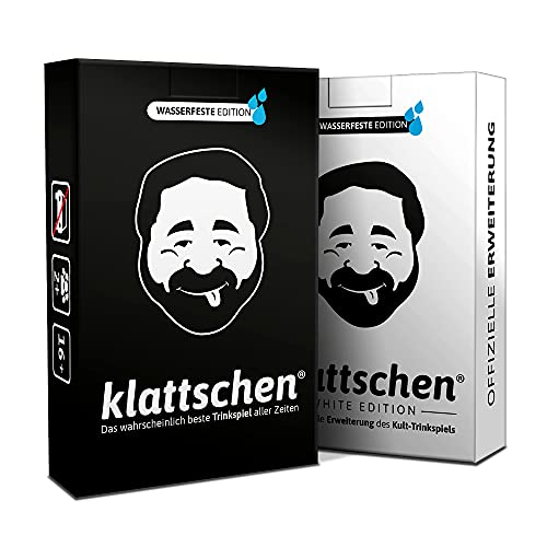 DENKRIESEN - klattschen® Doppelpack | Trinkspiel Kartenspiel | White & Classic Edition | Partyspiel für Erwachsene | 2–10 Spieler | Lustiges Saufspiel zum vorglühen | Wasserfeste Karten | Geschenk von DENKRIESEN