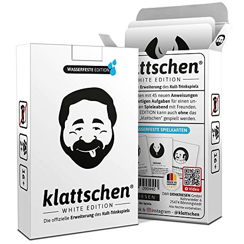 DENKRIESEN - klattschen® - White Edition - Die offizielle Erweiterung des Kult-Trinkspiels, | Partyspiel | Kartenspiel | Spieleabend | Saufspiel Ausführung: wasserfeste Plastikkarten von DENKRIESEN