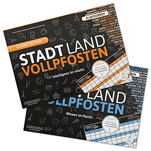 DENKRIESEN - Stadt Land VOLLPFOSTEN® - A3-Doppelpack - Partyspiel - Die beiden XXL Stadt Land Fluss Varianten im Set | Innovative Spielesammlung | Familienspiele | Wichtelgeschenk von DENKRIESEN