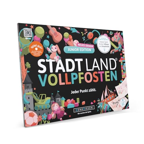 DENKRIESEN - Stadt Land VOLLPFOSTEN® - Junior Edition | DIN A4 Spielblock | Ab 8 Jahren | Familienspiel | Kindergeburtstag | Kreative Stadt Land Fluss Variante | Spaßige Kategorien für Kinder von DENKRIESEN