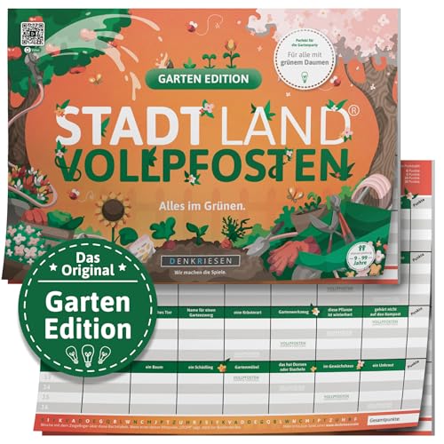 DENKRIESEN - Stadt Land VOLLPFOSTEN® - Garten Edition | DIN A4 Spielblock | Ab 9 Jahren | Stadt Land Fluss | Familienspiel | Perfekt für Gartenpartys | Gesellschaftsspiel für die ganze Familie von DENKRIESEN