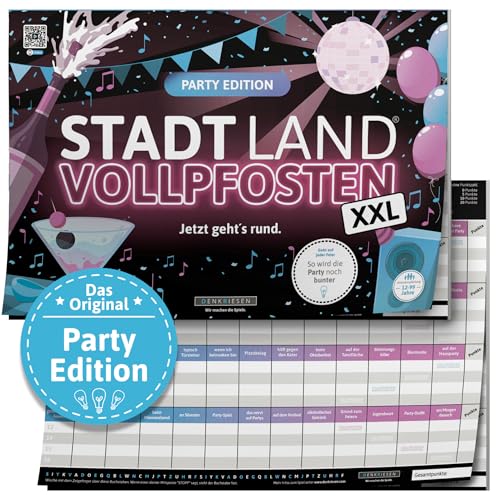 Stadt Land VOLLPFOSTEN® - Party Edition - Jetzt geht's rund. - A3 | Spielblock | Partyspiel | Geburtstagsgeschenk | Stadt Land Fluss von DENKRIESEN