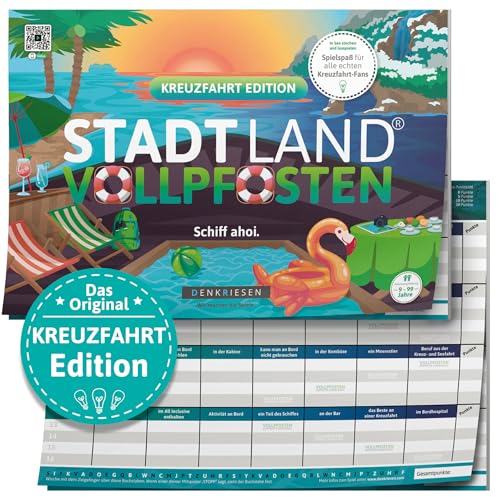 DENKRIESEN - Stadt Land VOLLPFOSTEN® - Kreuzfahrt Edition | DIN A4 Spielblock | Ab 9 Jahren | Familienspiel | Stadt Land Fluss | Kreuzfahrt Thema | 26 kreative Kategorien | Perfekt für Kreuzfahrtfans von DENKRIESEN