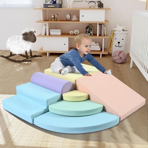 DENMOSTY 7-teilige Schaumstoff Bausteine für Kinder, weiche XXL Softbausteine Baby für drinnen, ideales Kletter- und Krabbelspielset, sichere Spielausstattung für aktive Kleinkinder von DENMOSTY