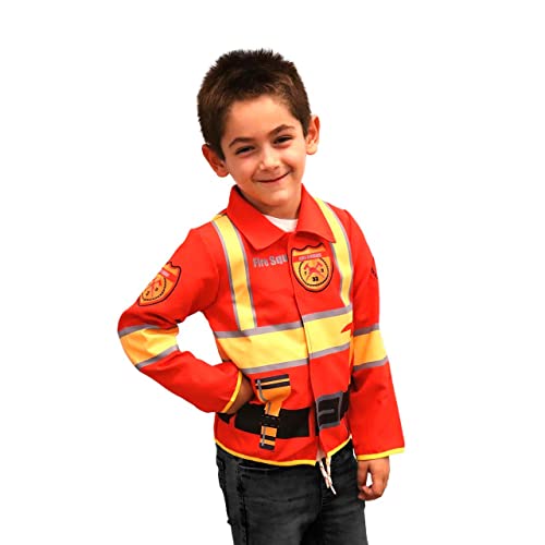 DEQUBE - Feuerwehrmann Kostüm mit reflektierenden Details und Werkzeugen am Gürtel, unisex, Einheitsgröße, Rot von DEQUBE