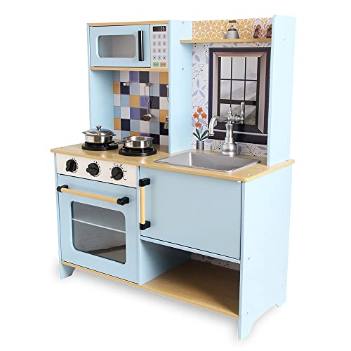 DEQUBE - Holzküche 2 Module modernes Design - Spielzeugküche mit Lichtern und Geräuschen - Enthält Metallzubehör für das Set - Größe 72 x 30 x 85 cm - Blau (913D00013) von DEQUBE