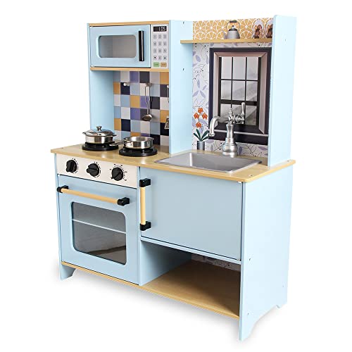 DEQUBE - Holzküche 2 Module modernes Design - Spielzeugküche mit Lichtern und Geräuschen - Enthält Metallzubehör für das Set - Größe 72 x 30 x 85 cm - Blau (913D00013) von DQB DeQUBE