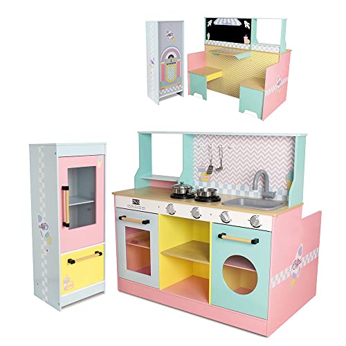 Deqube 913D00015 Küchenrestaurant aus Holz, 4 Module, 2-in-1, mit Licht und Sound, mit allem Notwendigen für eine Küche und EIN Restaurant mit Sitzen und Tisch, mit Metallzubehör, 90 x 81 x 82 cm von DQB DeQUBE