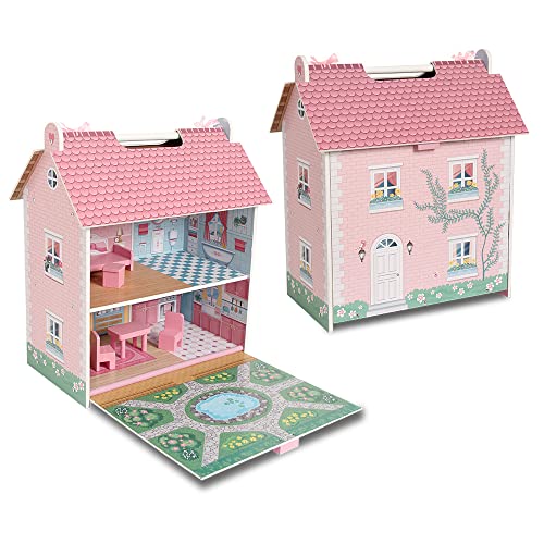 DEQUBE - Tragbares Puppenhaus aus Holz - 2-stöckiges Spielhaus mit Dachboden und Garten mit Griffen für einfachen Transport - Inklusive 7 Spielzubehör - Größe 39 x 34,5 x 18 (913D00017) von DEQUBE