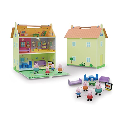 Peppa Pig Holzhaus mit 2 Etagen, mit Dachboden und Garten, tragbar, mit Dekoration im Haus von Peppa, inklusive 7 Zubehörteilen und 4 Figuren, Größe 39 x 34, 5 x 18 (Deqube 913D00073) von DEQUBE