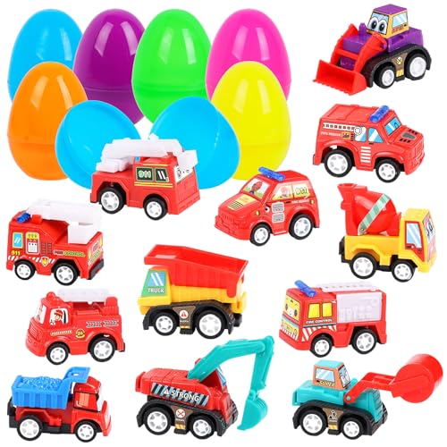 DERAYEE 12 Stück Spielzeug Gefüllt,Ostereier Auto Spielzeug,Vorgefüllte Ostereier,Osterspielzeug,Osterkorb Füllstoffe, Ostern Fahrzeuge, Kinderspielzeug,Ostergeschenke für Kinder,Party Geschenk von DERAYEE