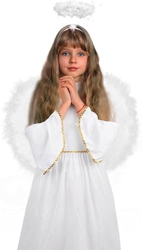 DERAYEE Engelskostüm Kinder, Engel Krippenkostüm Weihnachten Weißes Kleid Engelskostüm Engelsflügel und Halo Mädchen Engel Fancy Dress Kostüm (XL) von DERAYEE
