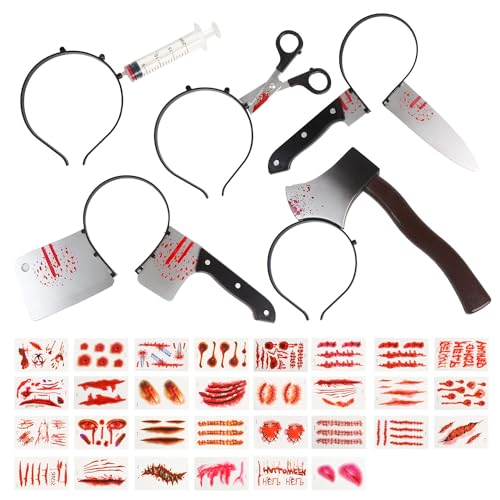 DERAYEE Halloween Accessoires, Messer im Kopf, 30pcs Tattoo für Kostüm von DERAYEE