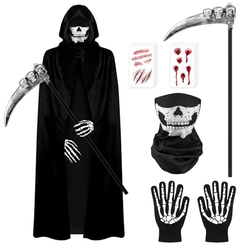DERAYEE Halloween Sensenmann Kostüm, Kostüm Sensenmann mit Umhang Kapuze Handschuhe Maske Sense Wunde Tattoo Aufkleber Set für Halloween Karneval Cosplay Party (90cm S) von DERAYEE