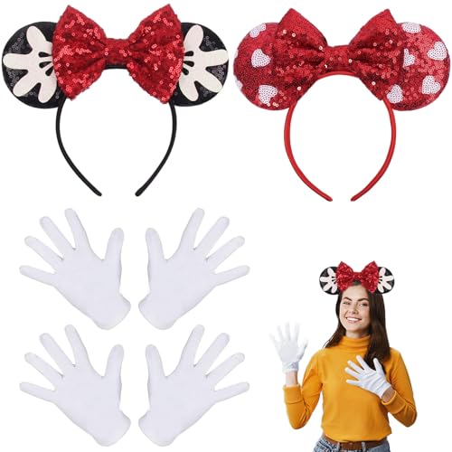 Mouse Ears Stirnbänder Haarreif roter Schleife und weißen Punkten ，Glamouröser Glitzer Haarreif im Minnie Maus Design - Der perfekte Damen Fasching Zubehör für alle Fans von DERJDISF