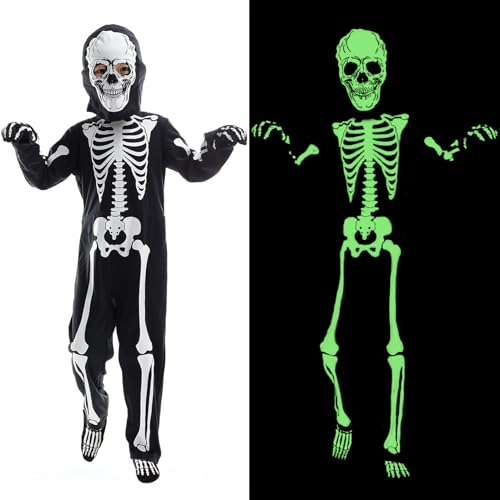 DERJLY Kinder Leuchtende Skelett Kostüm: Mädchen und Jungen Halloween Kostüme 4-Teiliges Set DERJLY Kinder Leuchtende Skelett Kostüm: Mädchen und Jungen Halloween Kostüme 4-Teiliges Set von DERJLY