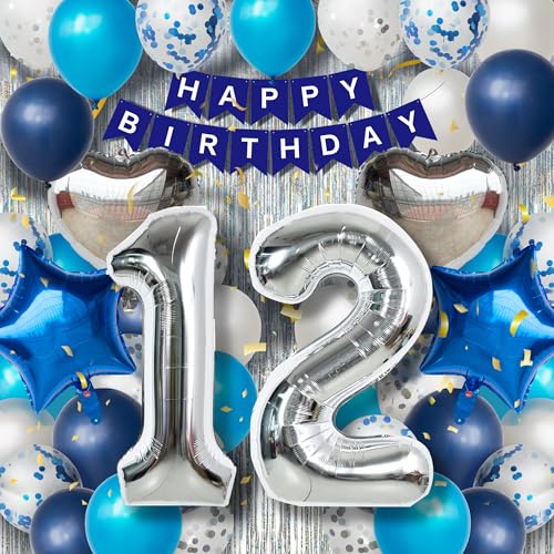 12. Geburtstagsdeko Jungen - Blau Silber Luftballon Set mit XXL Zahl 12, 40 Latexballons, 4 Folienballons, Silbervorhang & Happy Birthday Banner, Party Deko für 12 Jahre Jungen Geburtstag 12. Geburtstagsdeko Jungen - Blau Silber Luftballon Set mit XXL Zahl 12, 40 Latexballons, 4 Folienballons, Silbervorhang & Happy Birthday Banner, Party Deko für 12 Jahre Jungen Geburtstag von DEUXYU