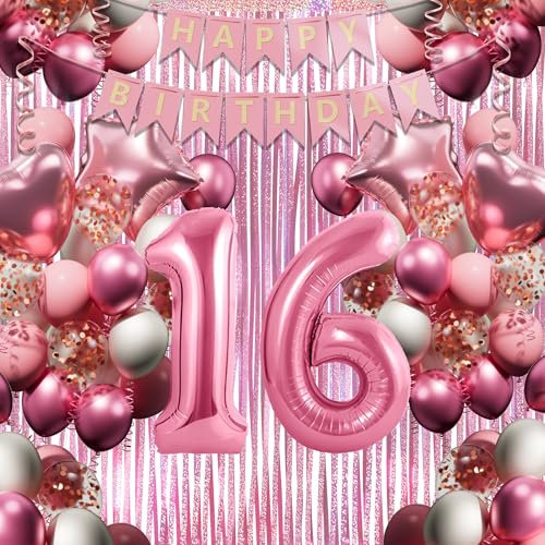 16. Geburtstagsdeko Mädchen, Rosa-Weiß Geburtstag Luftballons Set mit XXL Zahl 16, 40 Latexballons, 4 Folienballons, Rosavorhang & Happy Birthday Banner usw, Party Deko für 16-jährige Junge Frau von DEUXYU