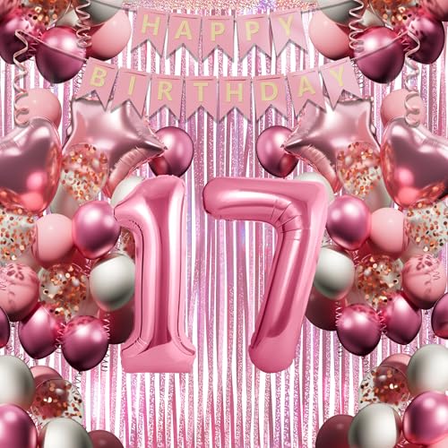 17. Geburtstagsdeko Mädchen, Rosa-Weiß Geburtstag Luftballons Set mit XXL Zahl 17, 40 Latexballons, 4 Folienballons, Rosavorhang & Happy Birthday Banner usw, Party Deko für 17-jährige Junge Frau von DEUXYU