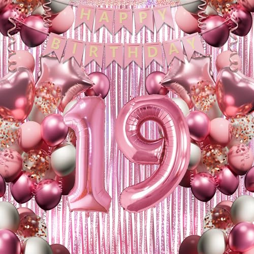 19. Geburtstagsdeko Mädchen, Rosa-Weiß Geburtstag Luftballons Set mit XXL Zahl 19, 40 Latexballons, 4 Folienballons, Rosavorhang & Happy Birthday Banner usw, Party Deko für 19-jährige Junge Frau von DEUXYU