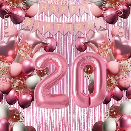20. Geburtstagsdeko Mädchen, Rosa-Weiß Geburtstag Luftballons Set mit XXL Zahl 20, 40 Latexballons, 4 Folienballons, Rosavorhang & Happy Birthday Banner usw, Party Deko für 20-jährige Junge Frau von DEUXYU