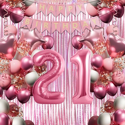 21. Geburtstagsdeko Mädchen, Rosa-Weiß Geburtstag Luftballons Set mit XXL Zahl 21, 40 Latexballons, 4 Folienballons, Rosavorhang & Happy Birthday Banner usw, Party Deko für 21-jährige Junge Frau von DEUXYU