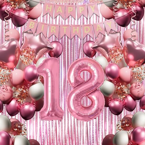 18. Geburtstagsdeko Mädchen, Rosa-Weiß Geburtstag Luftballons Set mit XXL Zahl 18, 40 Latexballons, 4 Folienballons, Rosavorhang & Happy Birthday Banner usw, Party Deko für 18-jährige Junge Frau von DEUXYU