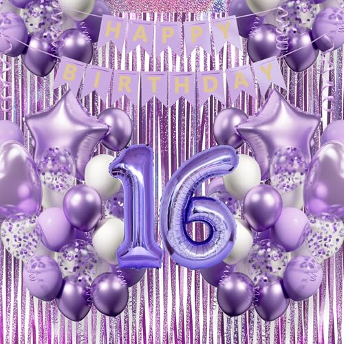 DEUXYU Geburtstagsdeko Mädchen 16 Jahr, Lila Luftballon Geburtstag Deko Mädchen 16 Jahr, Geburtstag Party Deko set für 16 Frau, Weiß Lila Ballon zum Geburtstagsdeko von DEUXYU