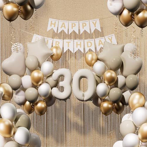 DEUXYU Geburtstagsdeko Frau 30 Jahr, Beige Gold Weiß Luftballon Geburtstag Deko Mädchen 30 Jahr, Geburtstag Party Deko set für 30 Frau, Ballon zum Geburtstagsdeko von DEUXYU