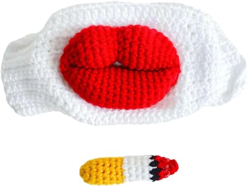 DEYROS Handgestrickte Wurst-Mund-Maske, lustige dicke Lippen-Gesichtsmaske mit Zigarette, lustige dicke Lippen-Strickmaske (Weiß) von DEYROS